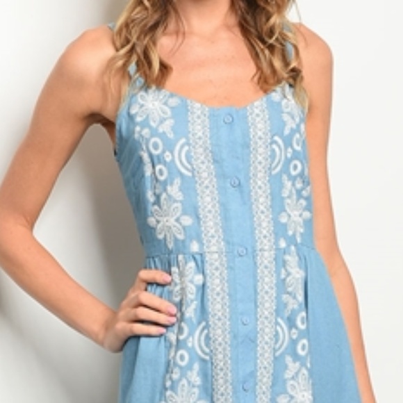 2 POCKETS ! Denim Button Up Embroidered SunDress - Picture 3 of 9